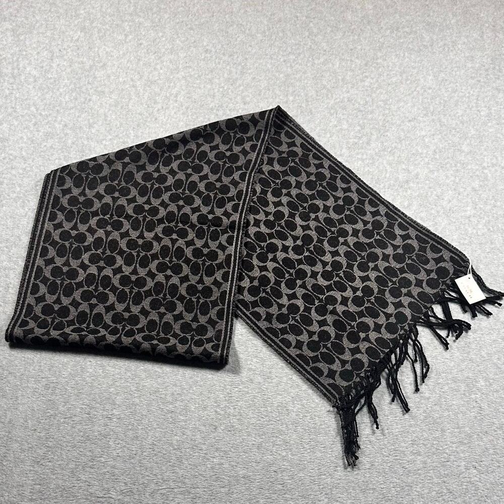 Coach Signature Jacquard Reversible Scarf Charcoal Gray NWT